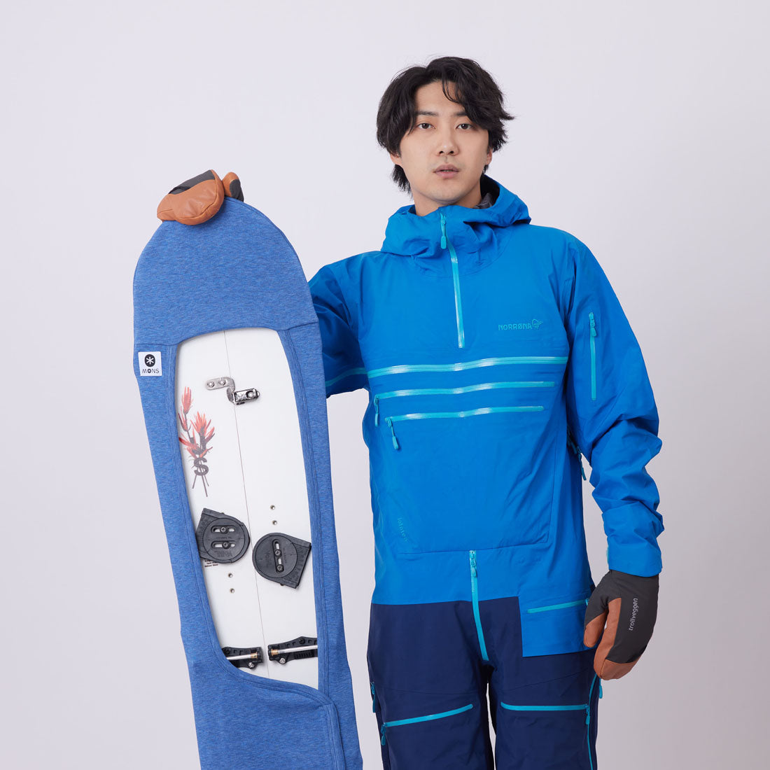 MONS For Powder Board Knit Cover スノーボード用ニットカバー ソールカバー ビンディング付けたまま ベルクロストラップ式|ファブリックソフト 通気性 伸縮性 ヘザーグレー(台湾製) /Denim Blue